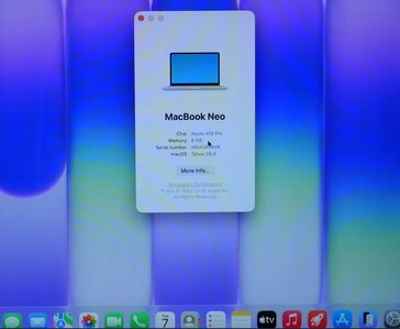 „Über diesen Mac“-Fenster auf dem MacBook Neo mit Apple A18 Pro, 8 GB Arbeitsspeicher und macOS Tahoe 26.4.