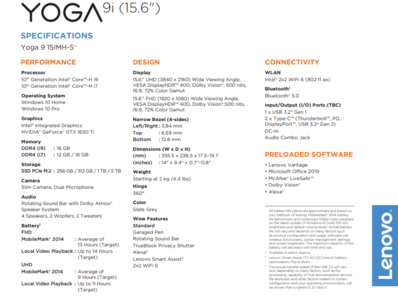 Spezifikationen Lenovo Yoga 9i 15