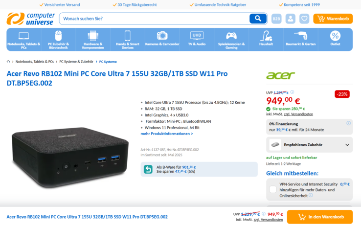 Acer Revo RB102 (DT.BP5EG.002) für 949 Euro. Computeruniverse nennt im Angebot den Core Ultra 7 155U. Laut der Modellnummer ist der PC mit einem Core Ultra 7 155H bestückt.