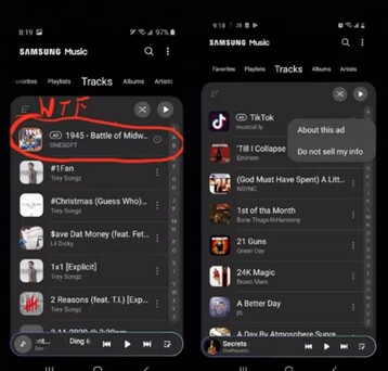 TikTok-Werbung in der Musik-App gehört bei Samsung zum Benutzererlebnis. (Bild: GregglesTV, YouTube)