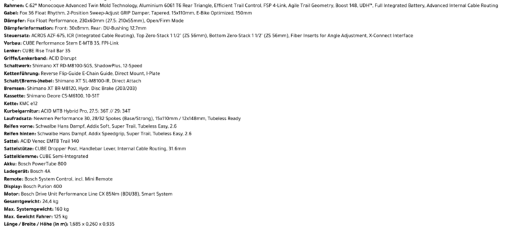 Die komplette Ausstattung des Cube Stereo Hybrid One44 HPC SLX 800 (Bildquelle: Cecil Cycle)