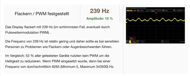 Beim Apple iPhone 16 Pro haben wir eine PWM-Frequenz von 239 Hz ermittelt. (Bildquelle: Notebookcheck)