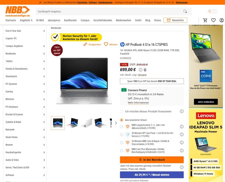 HP ProBook 4 G1a 16 (C7SP9ES) für 699 Euro.