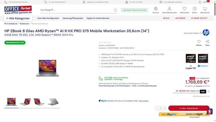 HP ZBook 8 G1as (B72WYET) für 1768,69 Euro.