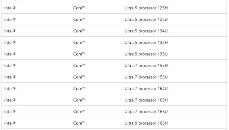 Screenshot des Microsoft-Supportdokumentes mit den Core-Ultra-CPUs (Bild: @momomo_us)