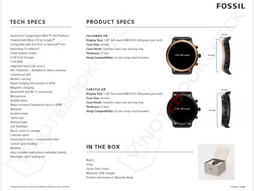 Technische Spezifikationen der Fossil 5. Gen Smartwatches Carlyle HR und Julianna HR.