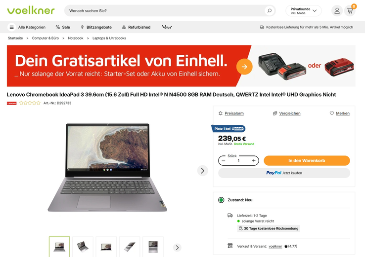 Lenovo IdeaPad 3 Chromebook 15IJL6 (82N4004SGE) für 239,05 Euro.