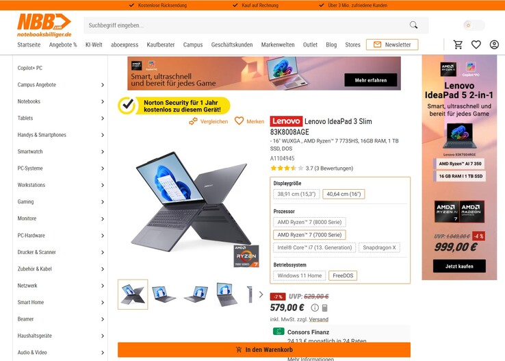 Lenovo IdeaPad Slim 3 16ARP10 (83K8008AGE) für 579 Euro.