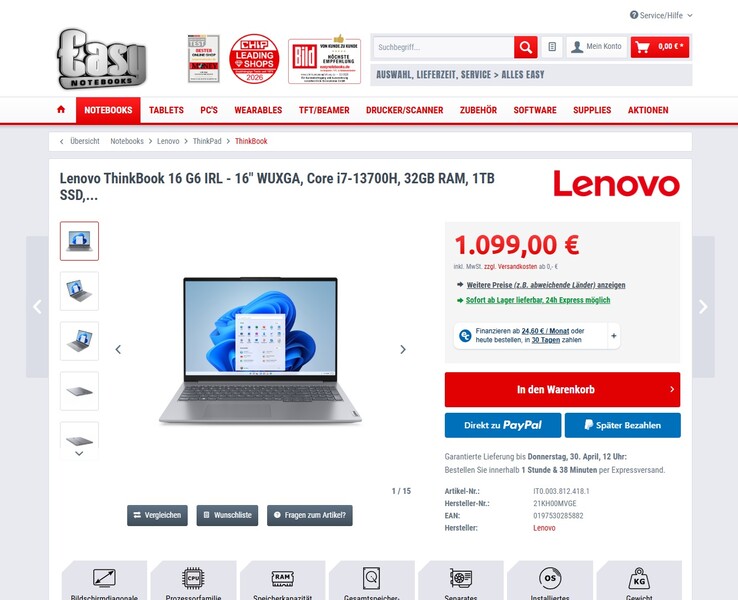 Lenovo ThinkBook 16 G6 IRL 21KH00MVGE für 1.099 Euro.