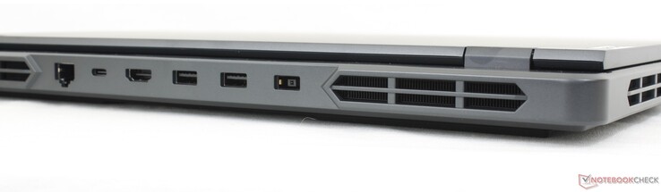 Rückseite: 1 Gbit/s RJ-45, USB-C 3.2 Gen. 2 mit PD (140 W) + DisplayPort 1.4, HDMI 2.1, 2x USB-A 3.2 Gen. 1, AC-Adapter