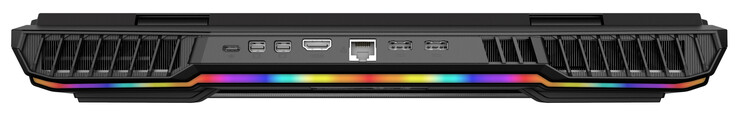 Rückseite: USB 3.2 Gen 2 (Typ C), 2x Mini Displayport (Version 1.4, G-Sync), HDMI (Version 2.1, HDCP 2.3), 2,5-Gigabit-Ethernet, 2x Netzanschluss