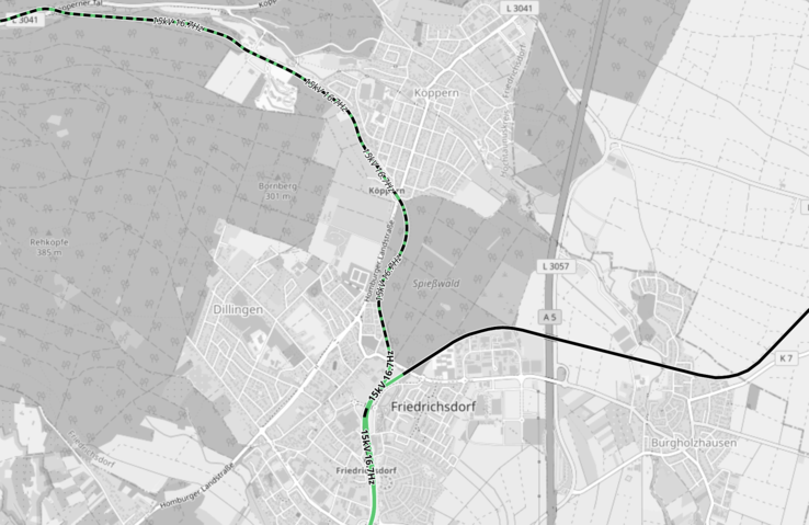 Ab Friedrichsdorf gehen die RB15 und RB16 auf ihre oberleitungsfreie Fahrt (Bild: Openrailwaymap/Openstreetmap Contributors)