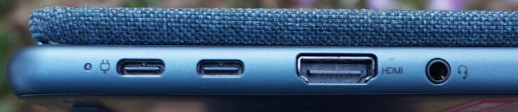 Anschlüsse links: 2x USB-C (5 Gbit/s, DP, Stromanschluss), HDMI 2.0, Headset