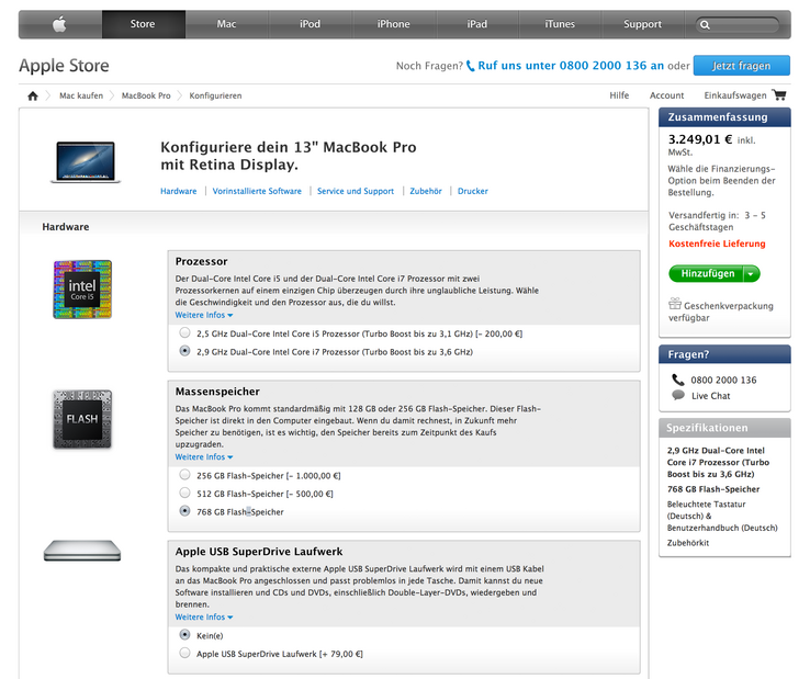High-End-Konfiguration im Apple Store für über 3000 Euro.