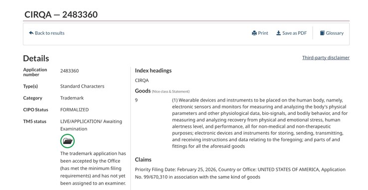 Garmin CIRQA Patent Nummer 2483360 beim Candadian Intellectual Property Office (CIPO)