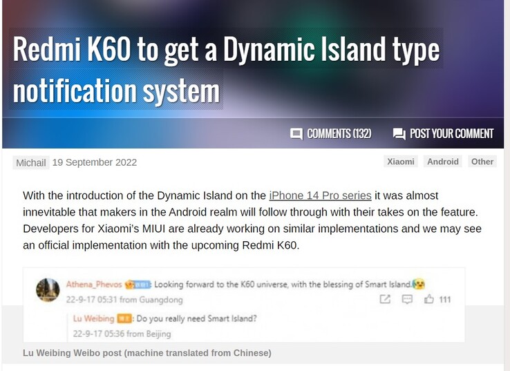 Medienberichte ließen ein Dynamic Island-Feature für das Redmi K60 vermuten.