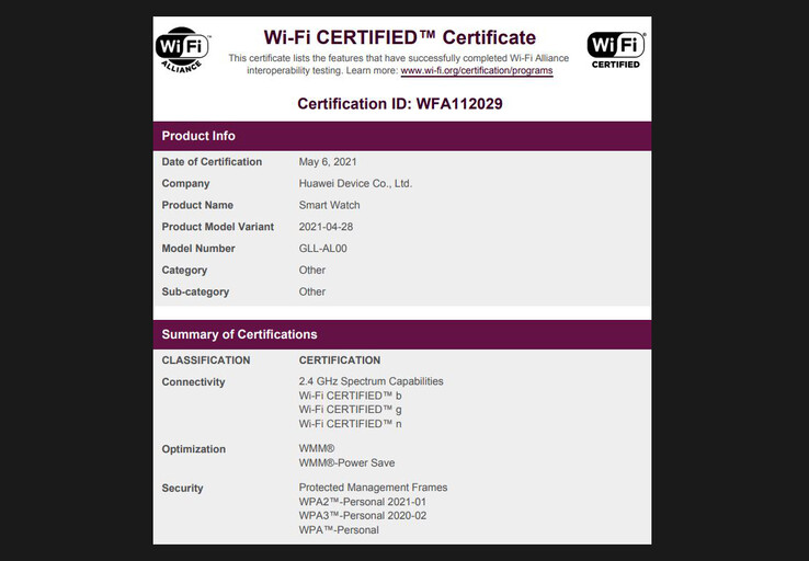 Die Zertifizierung bei der Wi-Fi-Alliance bestätigt bereits erste Details zur Huawei Watch 3. (Bild: Wi-Fi Alliance)