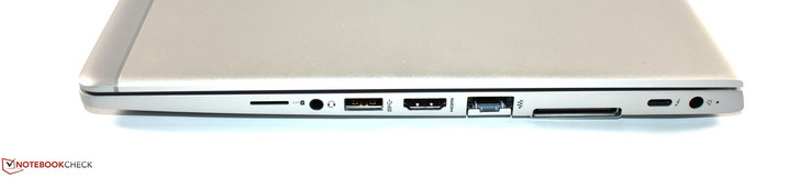 Rechts: SIM-Slot, Kombo-Audio, USB 3.0 Typ A, HDMI, RJ45 Ethernet, Dockingport, Thunderbolt 3, Stromanschluss