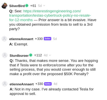 Der Cybertruck-Verkäufer von Cars & Bids erklärte in den Kommentaren, dass er eine Ausnahmegenehmigung von Tesla erhalten habe, um seinen Cybertruck an einen Dritten zu verkaufen (Bild: Cars & Bids)