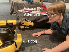 Nataliya Kosmyna, Ph.D., steuert Roboterhund &quot;Spot&quot; mit Hilfe von Gedanken, die von der AttentivU-Brille gelesen werden (Bild: Nataliya Kosmyna, Ph.D. BRAINI)