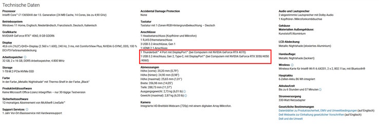 Warum Thunderbolt 4 nur für SKUs ab RTX 4070 (Quelle: Screenshot Dell-Webseite)?