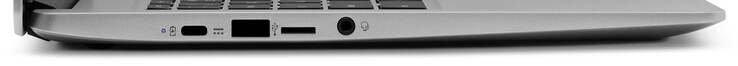Linke Seite: USB 3.2 Gen 1 (Typ C; Power Delivery), USB 3.2 Gen 1 (Typ A), Speicherkartenleser (MicroSD), Audiokombo