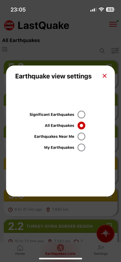 Auswahlliste zu Erdbeben. (Bildquelle: Lastquake/Screenshot)