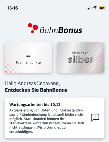 Ausfall in der Bahnbonus-App.