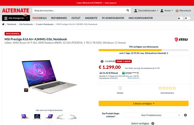 MSI Prestige A16 AI+ A3HMG-036 für 1.299 Euro.