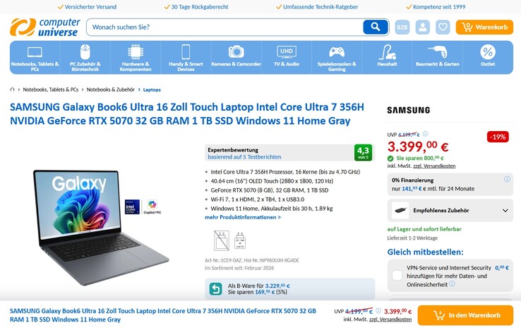 Samsung Galaxy Book6 Ultra NP960UJH-XG4DE für 3.399 Euro.