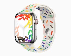 Die Apple Watch Pride Edition 2023 setzt auf ein buntes Sportarmband und ein dazu passendes Zifferblatt. (Bild: Apple)