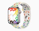 Die Apple Watch Pride Edition 2023 setzt auf ein buntes Sportarmband und ein dazu passendes Zifferblatt. (Bild: Apple)
