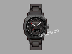 Die Casio Pro Trek x White Mountaineering PRW-B1000WM-1 Kollaborationsuhr, abgebildet mit Casioblog-Text vor grauem Hintergrund (Bildquelle: Casioblog)