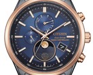 Nahaufnahme der Citizen BY1036-53L Eco-Drive-Mondphasenuhr mit blauem Zifferblatt, roségoldfarbener Lünette, schwarzem Edelstahlgehäuse und analoger Mondphasenanzeige bei 6 Uhr