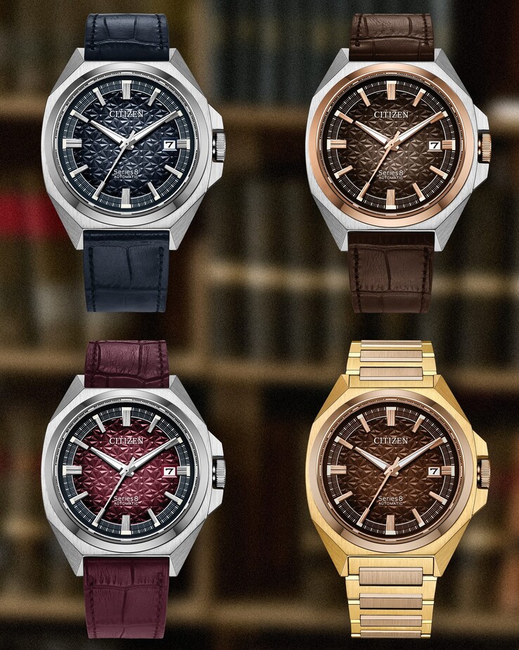 Von oben nach unten: die limitierten Citizen Series 8 831 Automatikuhren in Dunkelblau, Braun, Weinrot und Orange