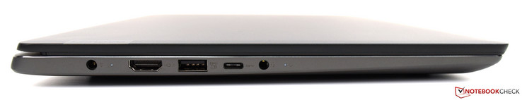 Links: Netzteilanschluss, HDMI, USB Typ-A 3.0, USB Typ C 3.1 Gen1, Kombo-Audio