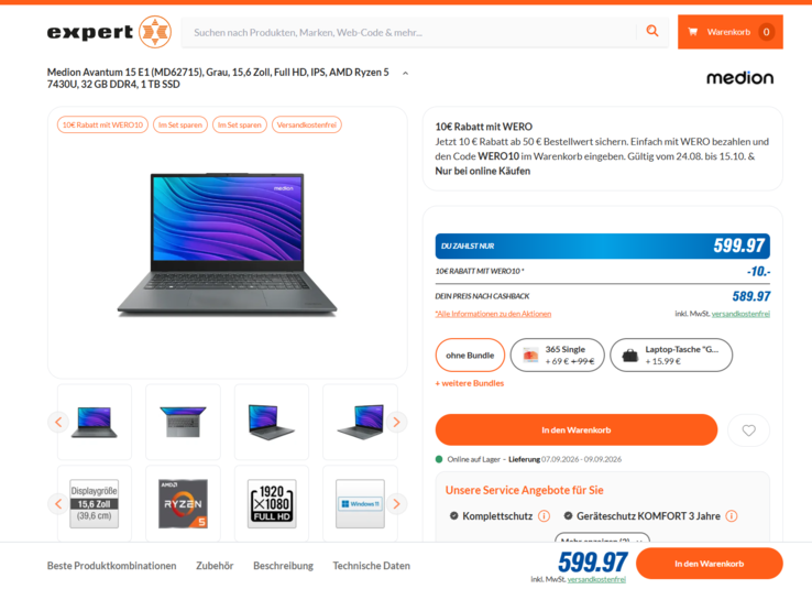 Medion Avantum 15 E1 für 599,97 Euro.