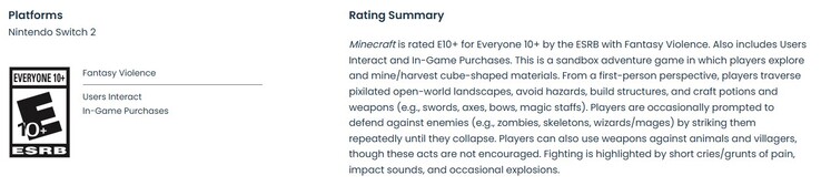 ESRB-Bewertung für die Switch 2-Version von Minecraft