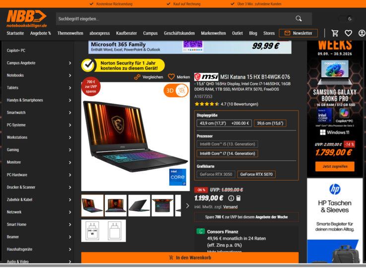 MSI Katana 15 HX B14WGK-076 für 1.199 Euro.