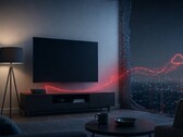 Photorealistic 4:3 image of a modern living room with a smart TV and a small streaming box on a media console. Faint glowing red data lines secretly stream out of the devices and through the wall toward the internet, symbolizing a hidden proxy botnet hijacking home devices. Moody cinematic cybersecurity lighting, cool blue room tones with red accents, no people. No text, no logos, no watermark.