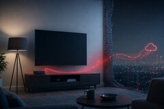 Photorealistic 4:3 image of a modern living room with a smart TV and a small streaming box on a media console. Faint glowing red data lines secretly stream out of the devices and through the wall toward the internet, symbolizing a hidden proxy botnet hijacking home devices. Moody cinematic cybersecurity lighting, cool blue room tones with red accents, no people. No text, no logos, no watermark.