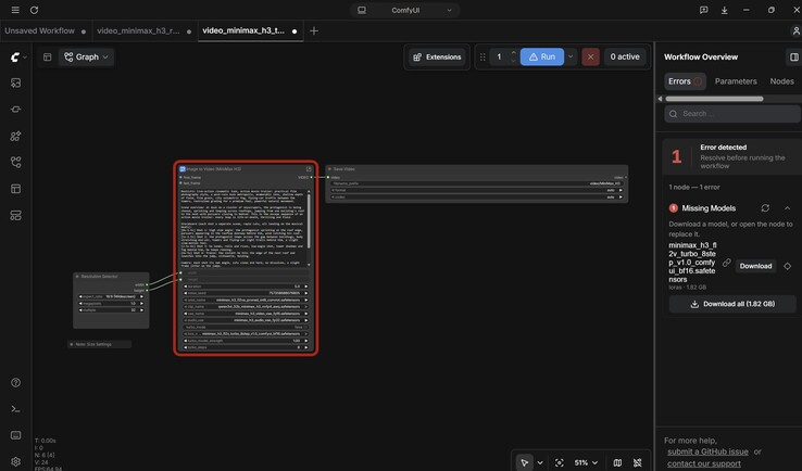 Am einfachen Fall Text to Video: 1 Node für die Wahl der Auflösung, dann die Hauptnode mit der Video-KI und zuletzt der Video-Output samt Format