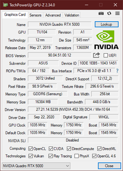 GPU-Z Nvidia Quadro RTX 5000