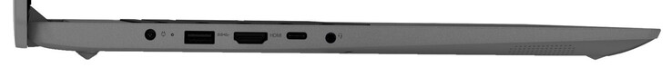 Linke Seite: Netzanschluss, USB 3.2 Gen 1 (USB-A), HDMI, USB 3.2 Gen 1 (USB-C; Power Delivery, Displayport), Audiokombo