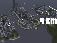 Eine Luftaufnahme der 4KM-Karte von GTA III Liberty City mit drei Inseln.