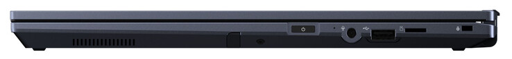 Rechte Seite: Active Stylus, Einschaltknopf, Audiokombo, USB 2.0 (USB-A), Speicherkartenleser (MicroSD), Steckplatz für ein Kabelschloss