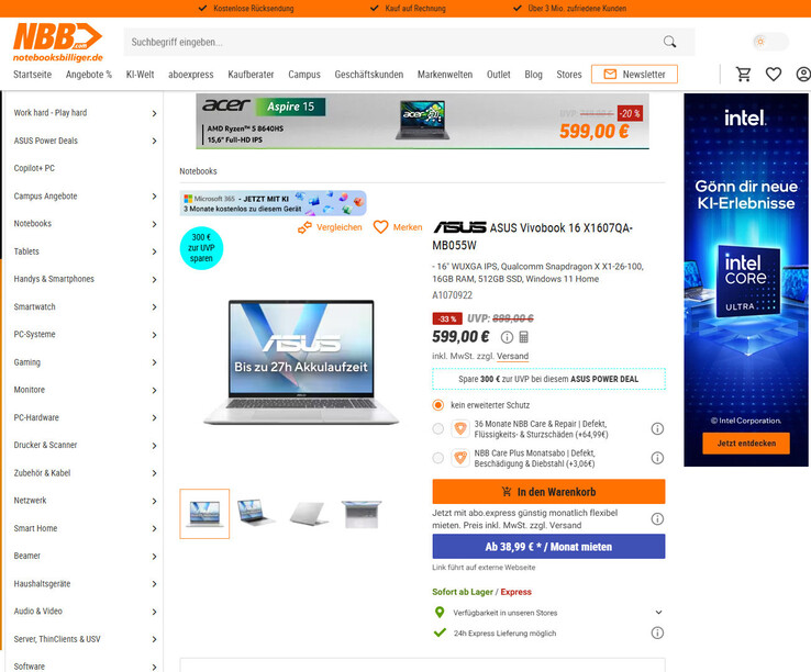 Asus VivoBook 16 X1607QA-MB055W für 599 Euro.