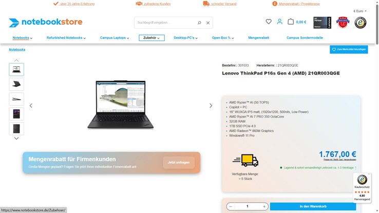 Lenovo ThinkPad P16s Gen 4 (21QR003QGE) für 1.767 Euro.