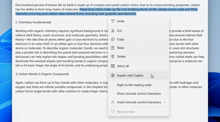 Screenshot der Notepad Version 11.2401.25.0. Copilot kann direkt aus dem Kontextmenü gestartet werden. (Bild: Windows-Blog).