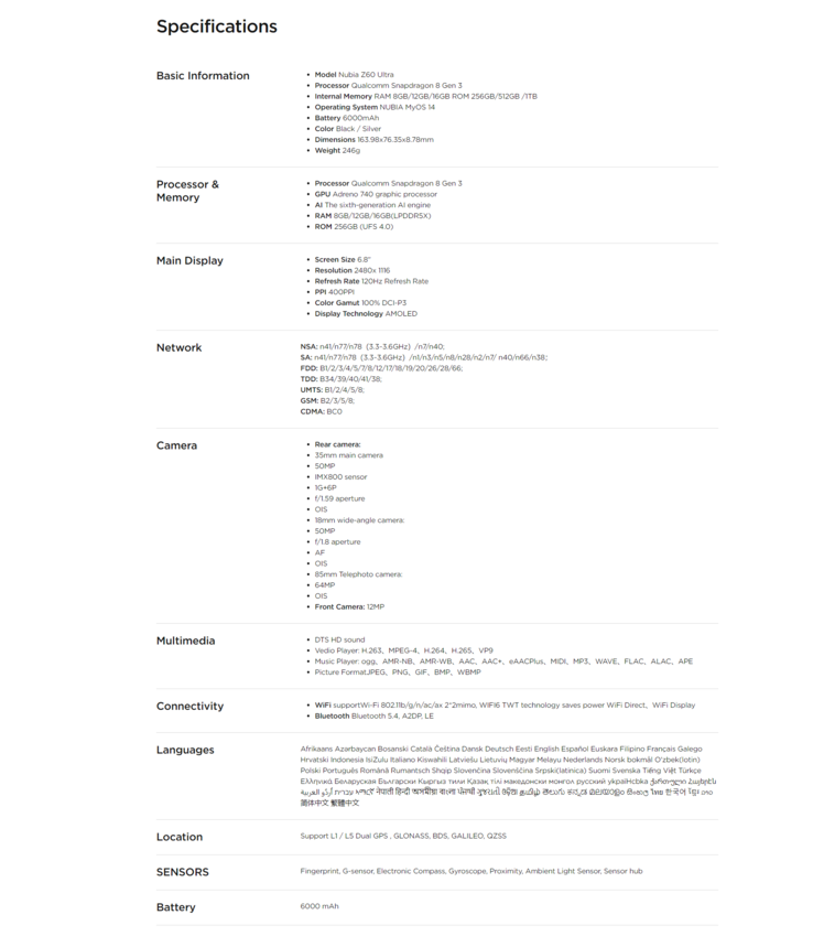 Alle Spezifikationen des globalen Nubia Z60 Ultra.